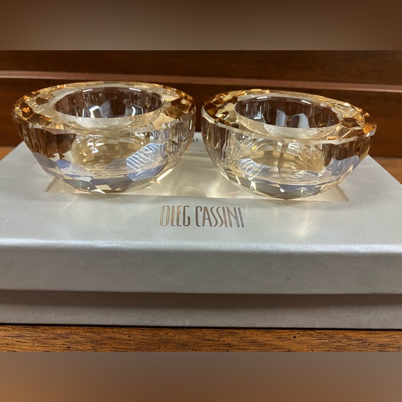 Vintage Oleg Cassini Amber Crystal Votives Set of 2 - Picture 5 of 7